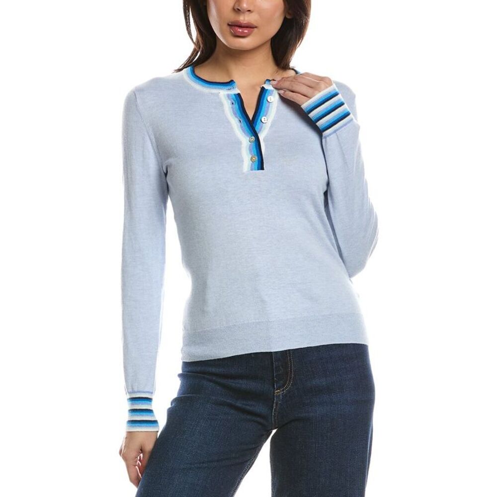Wispr Womens  Rainbow Button Crewneck Silk-Blend Top, Blue